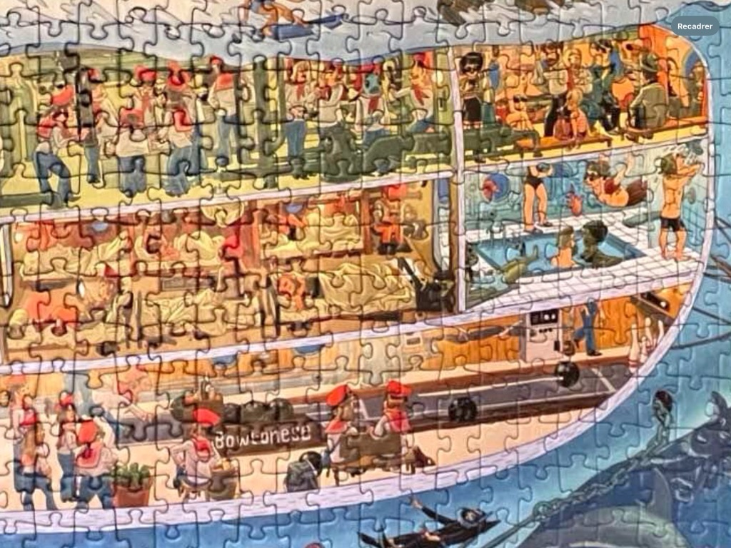 Cutaway illustration of a multi-level cruise ship showing diverse passenger activities.