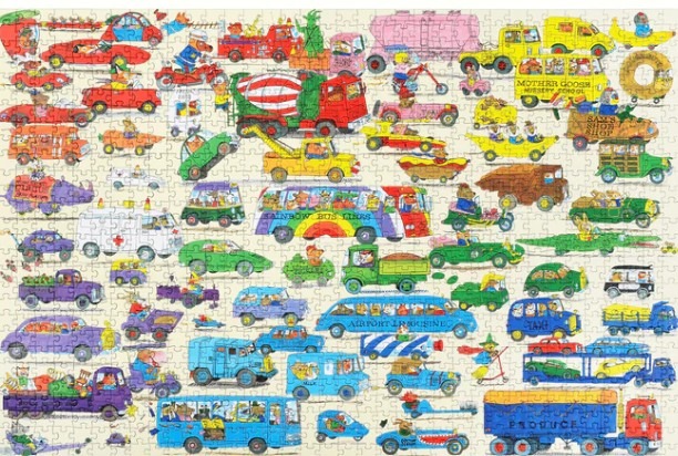 A whimsical illustration packed with dozens of colorful, anthropomorphic animal characters driving various unique vehicles.