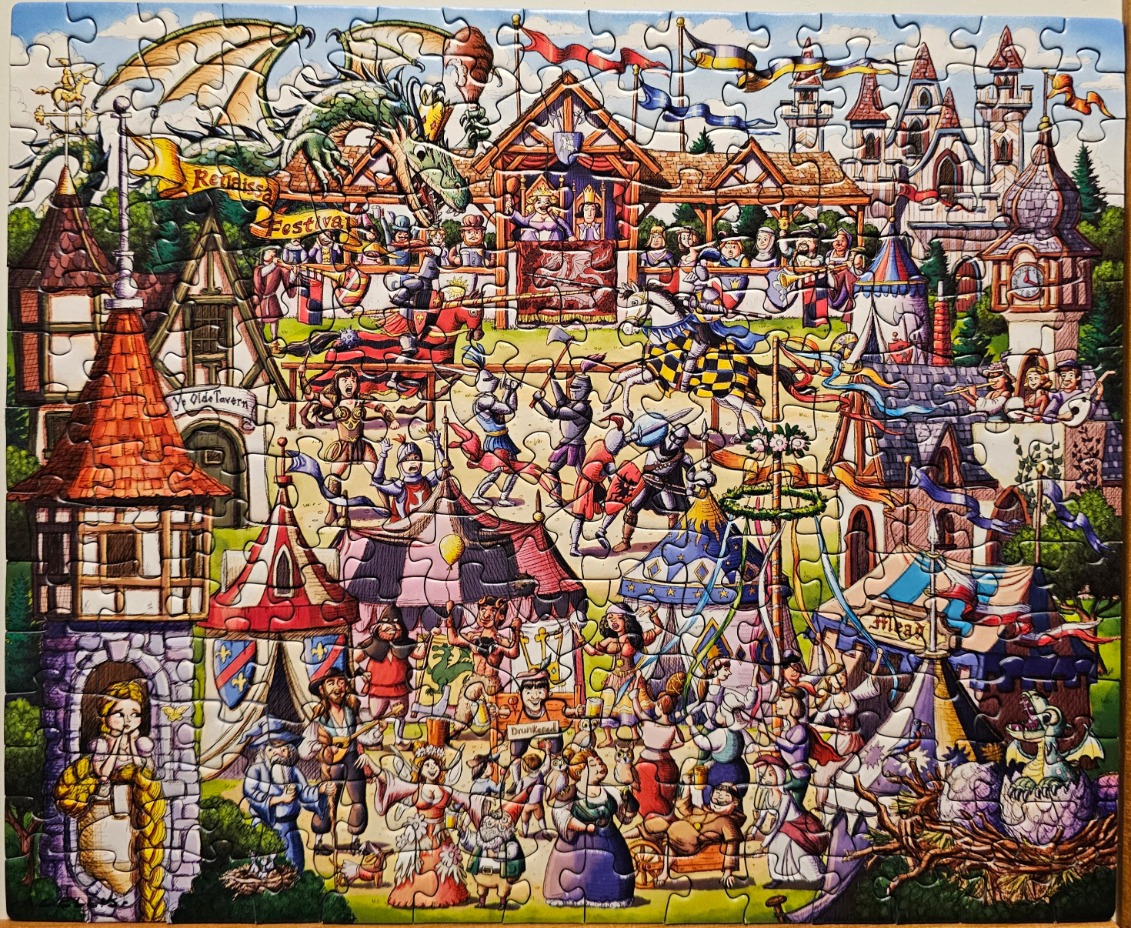 A vibrant, humorous illustration of a medieval-themed renaissance festival filled with knights, dancers, and dragons.