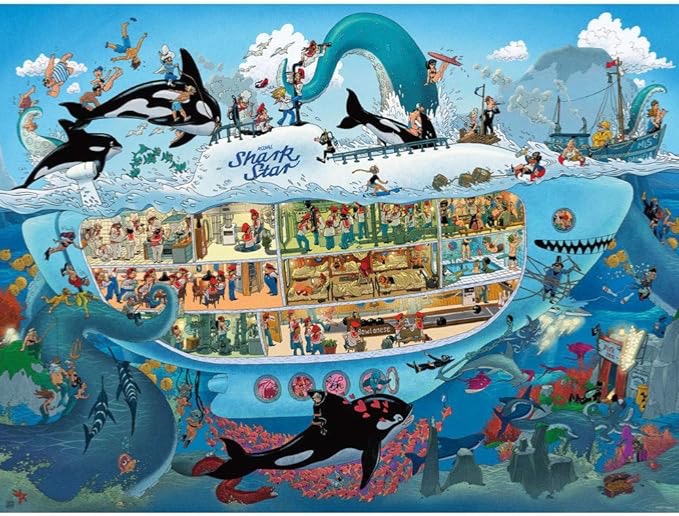 A cutaway illustration of a giant shark-shaped vessel teeming with people and marine life in a busy, cartoon-style sea.