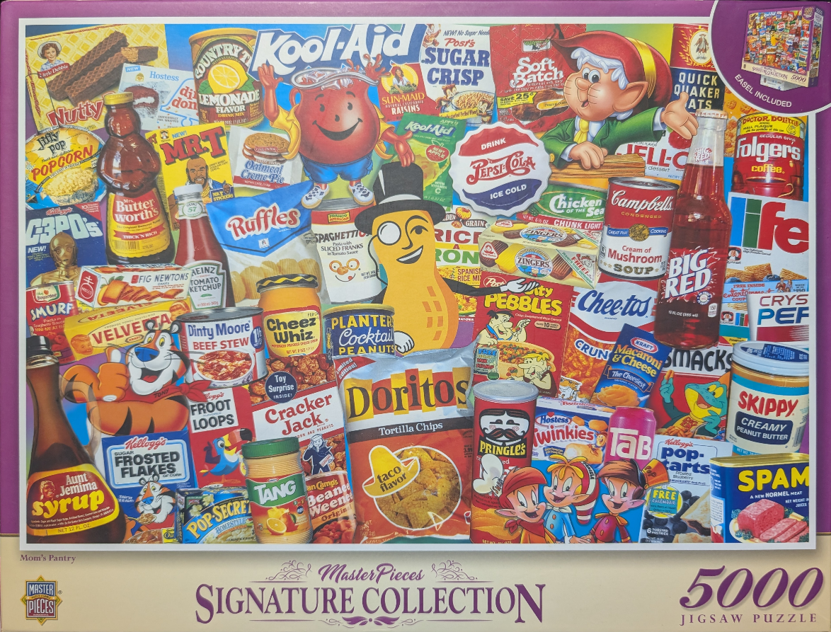 A collage of vintage American food and snack brand packaging, including iconic mascots and logos.