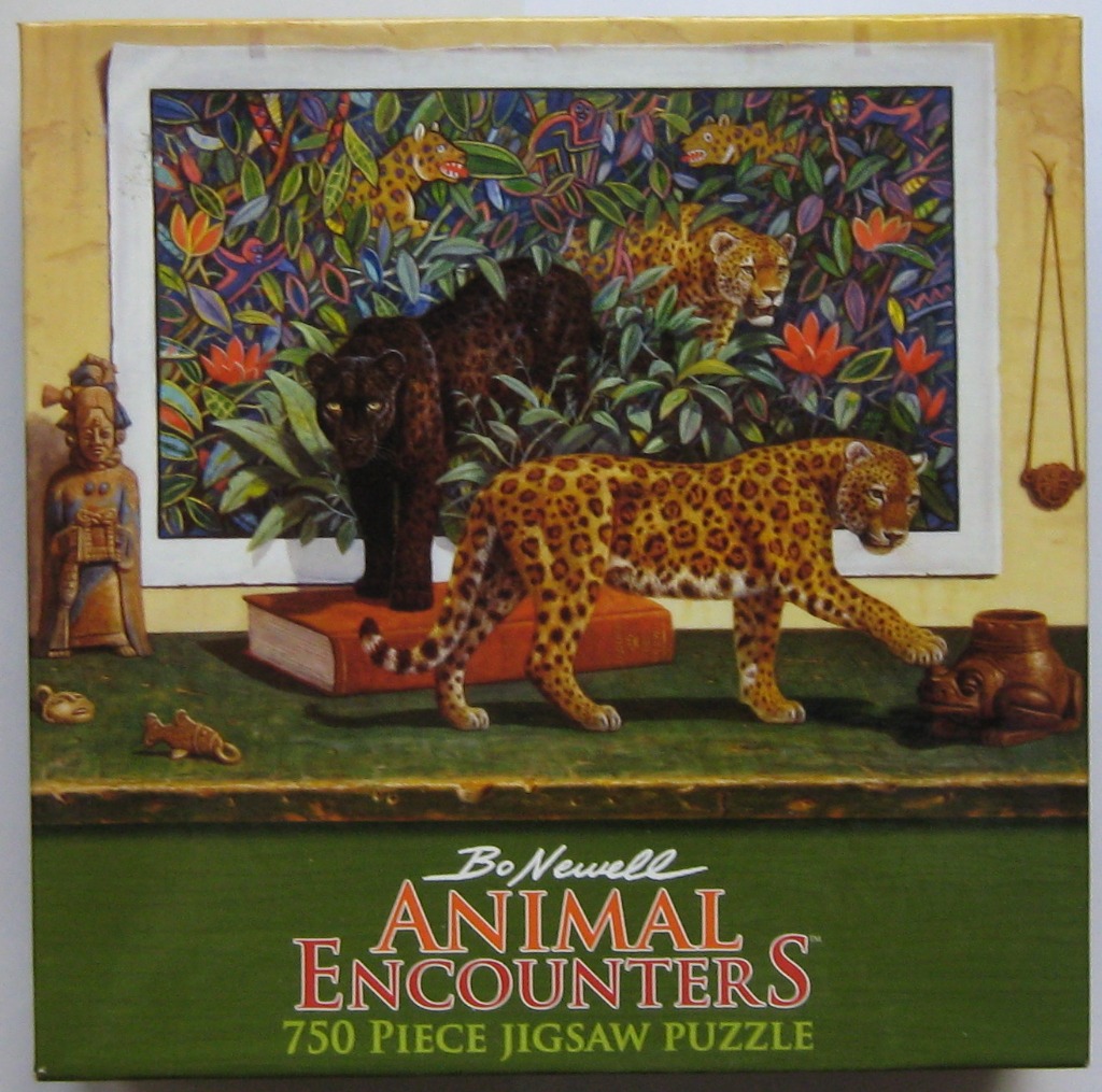 A painting featuring leopards emerging from a framed jungle scene onto a table with ancient artifacts.