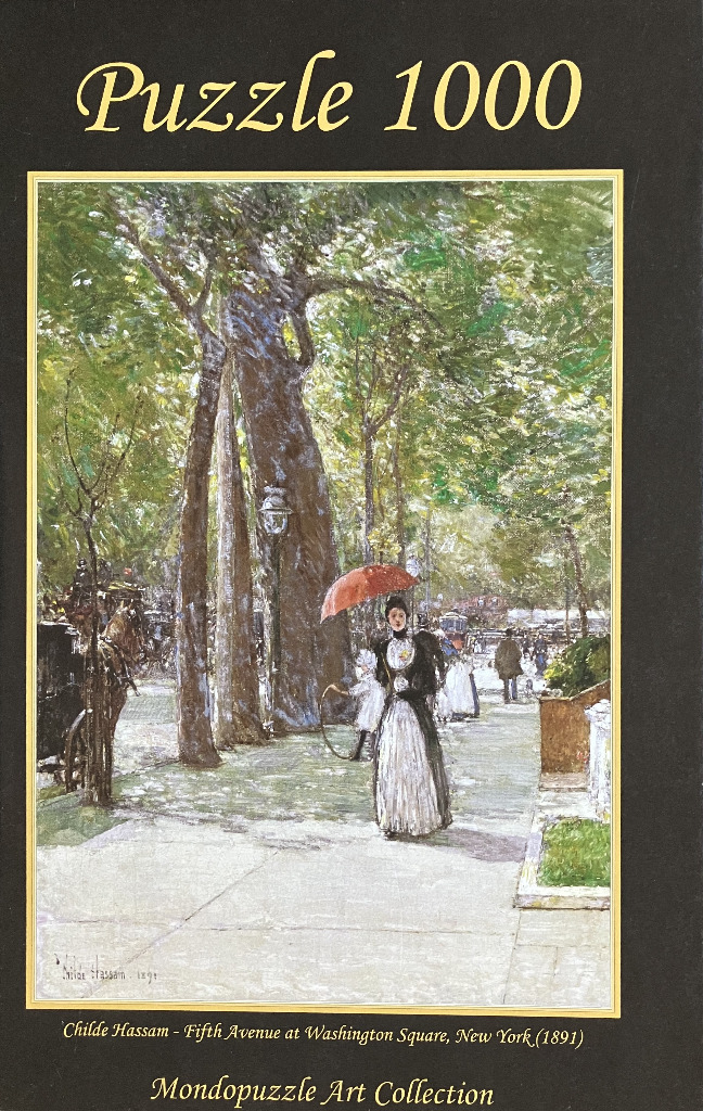 Impressionist painting of a woman walking with a red parasol on a leafy New York street in 1891.