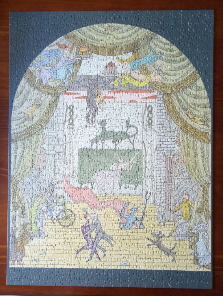 Whimsical, intricate Victorian-style illustration of a surreal theatrical stage scene with performers and fantastical creatur
