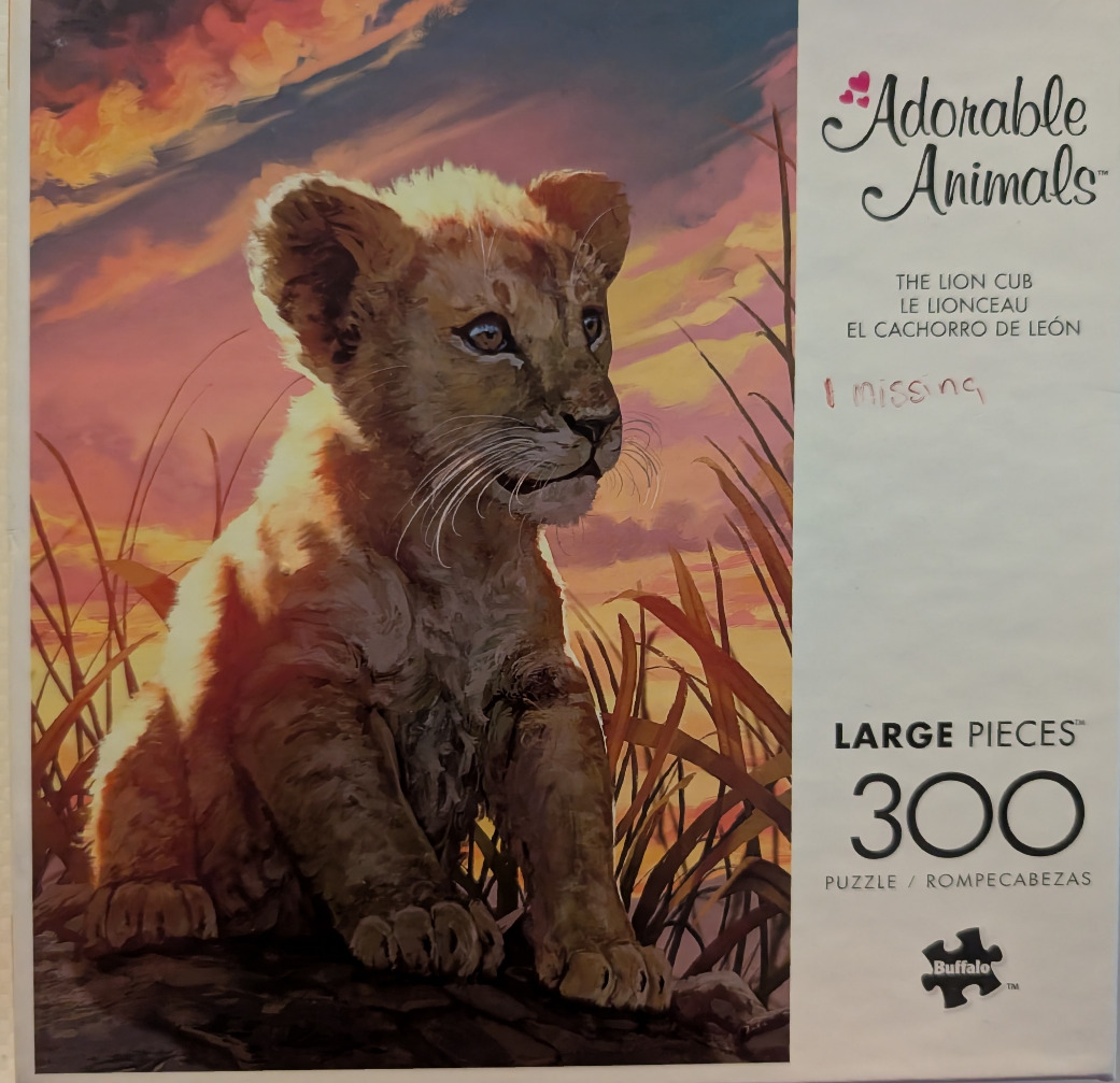An illustration of a lion cub sitting in tall grass against a sunset sky.