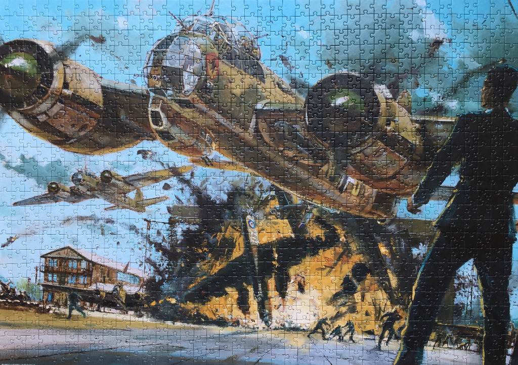 A dramatic World War II aerial battle scene featuring bombers and an observer in the foreground.