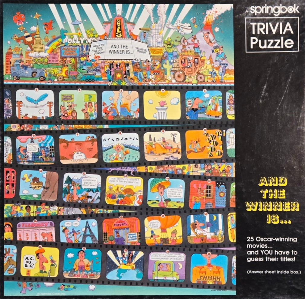 A cartoon illustration of a movie premiere and twenty-five numbered film-strip panels depicting scenes from famous movies.