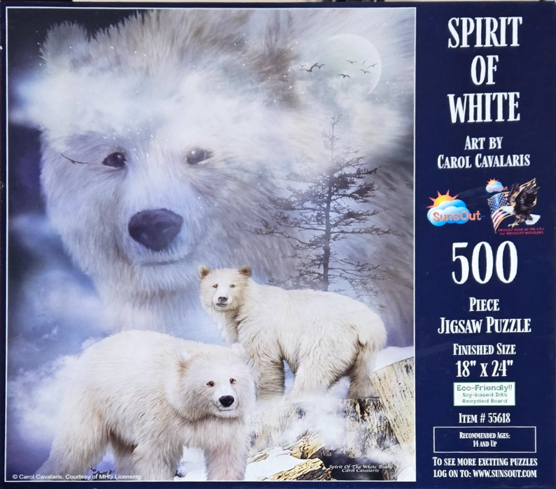 An ethereal painting of two polar bears in the foreground with a giant translucent polar bear spirit in the background.