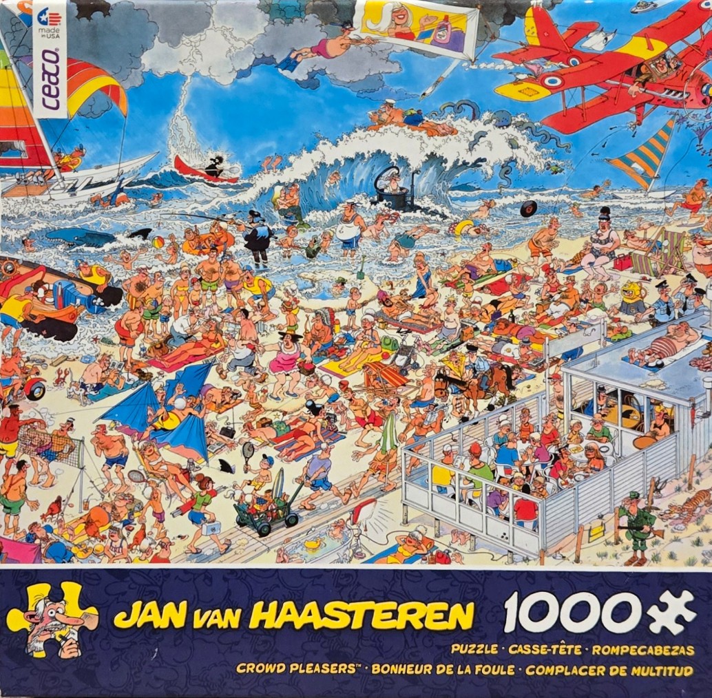 A chaotic, comedic cartoon illustration of a busy, crowded beach scene filled with humorous antics.