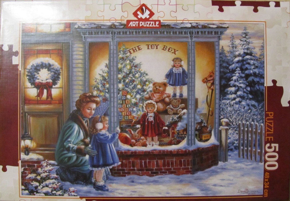 A woman and a child gazing into a nostalgic toy shop window display on a snowy winter evening.