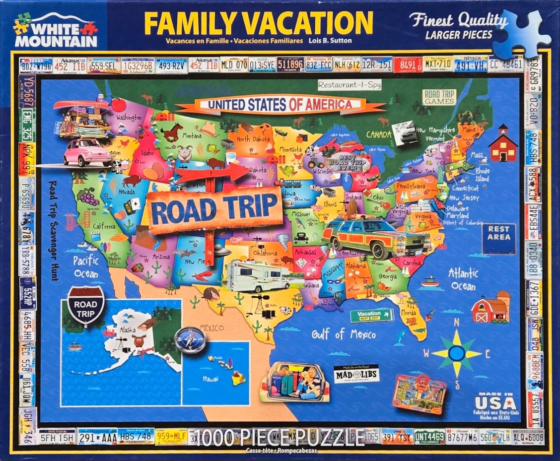 An illustrated map of the United States featuring road trip themes, vehicles, and license plate borders.