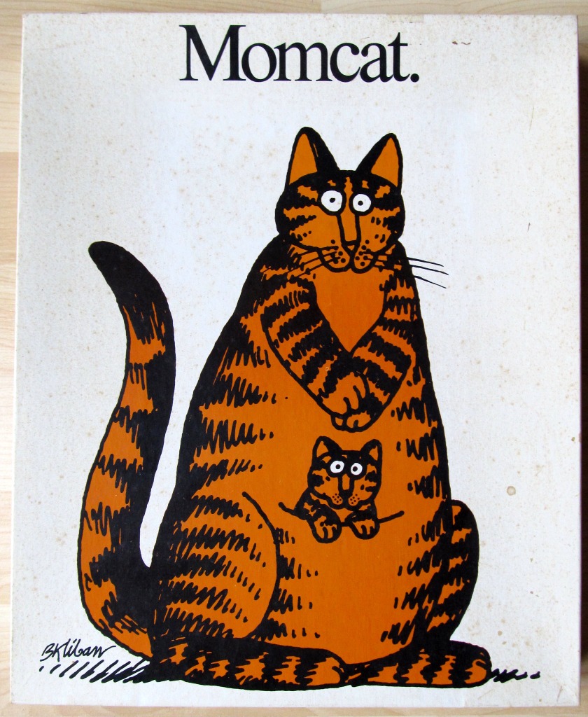 Cartoon drawing of a large orange tabby cat with a smaller kitten in a kangaroo-like pouch.