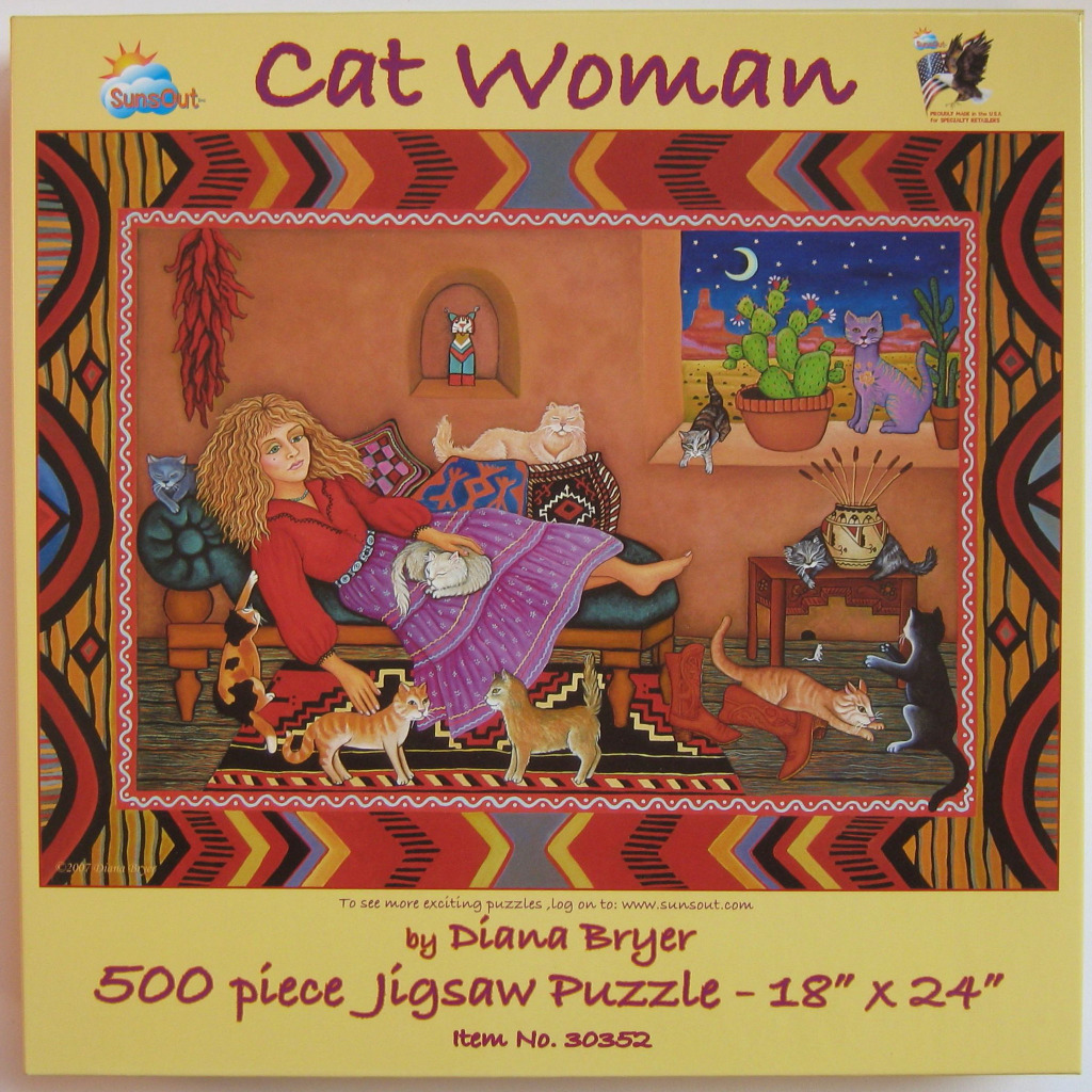 An illustration of a woman relaxing on a sofa surrounded by numerous colorful cats in a southwestern-themed room.