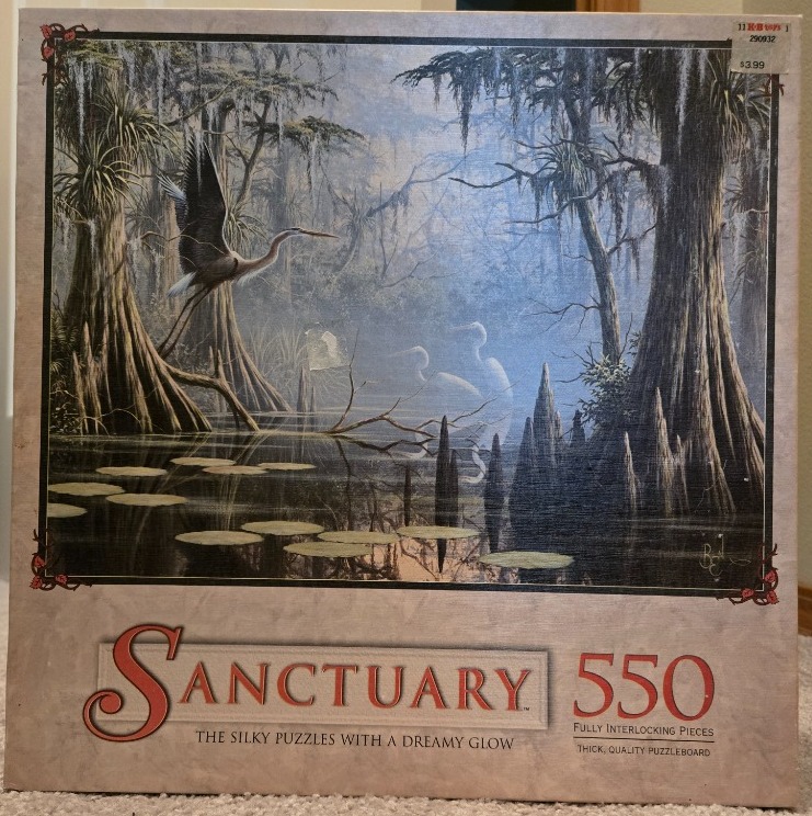 A dreamy illustration of a heron flying over a misty swamp with cypress trees.
