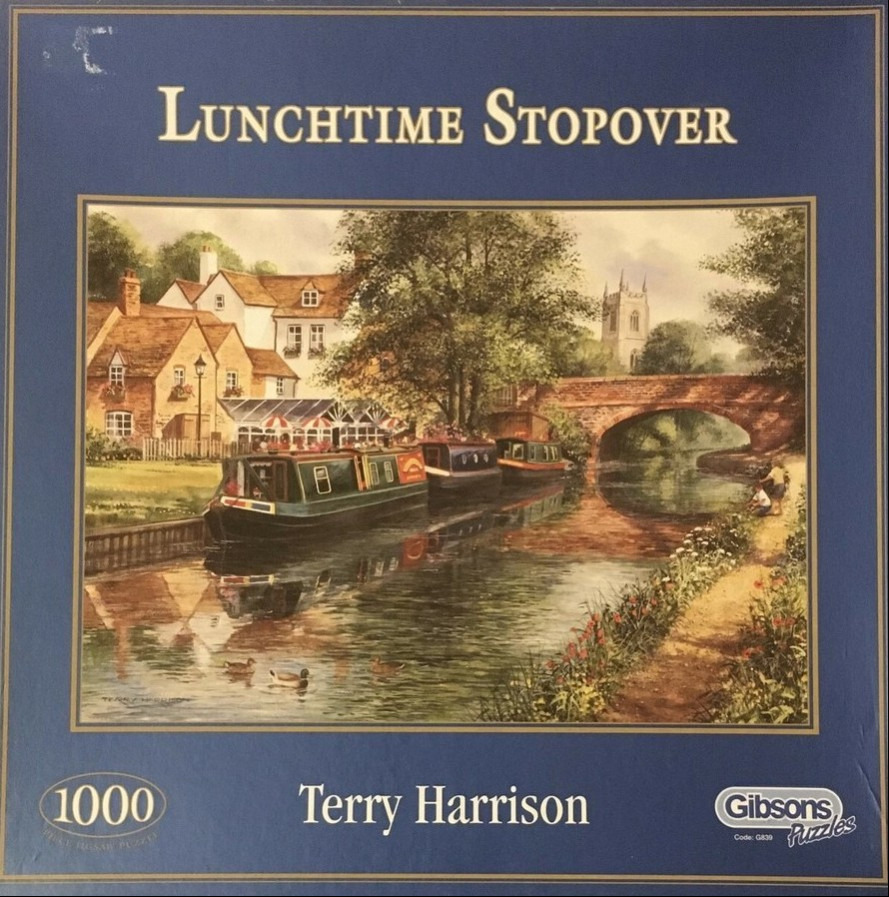 Painting of a canal scene with narrowboats moored by a country inn and stone bridge.