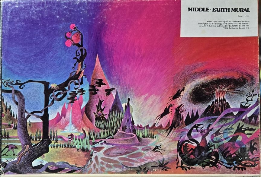 Psychedelic fantasy illustration of a landscape with a dark tree, jagged mountains, and mythical creatures.