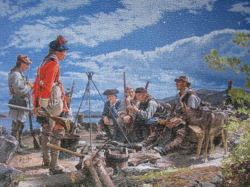 Historical painting of a group of colonial scouts or soldiers resting by a campfire near a body of water.