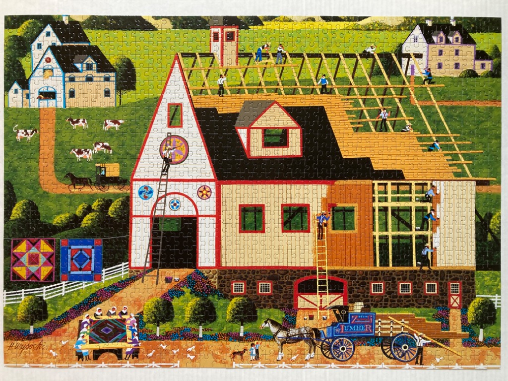 Folk art style painting of a community building a large barn in a rural countryside setting.