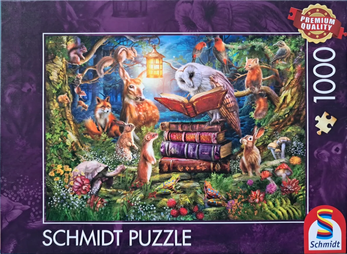 An owl perched on a stack of books reading to a collection of forest animals in a magical, sunlit woodland setting.
