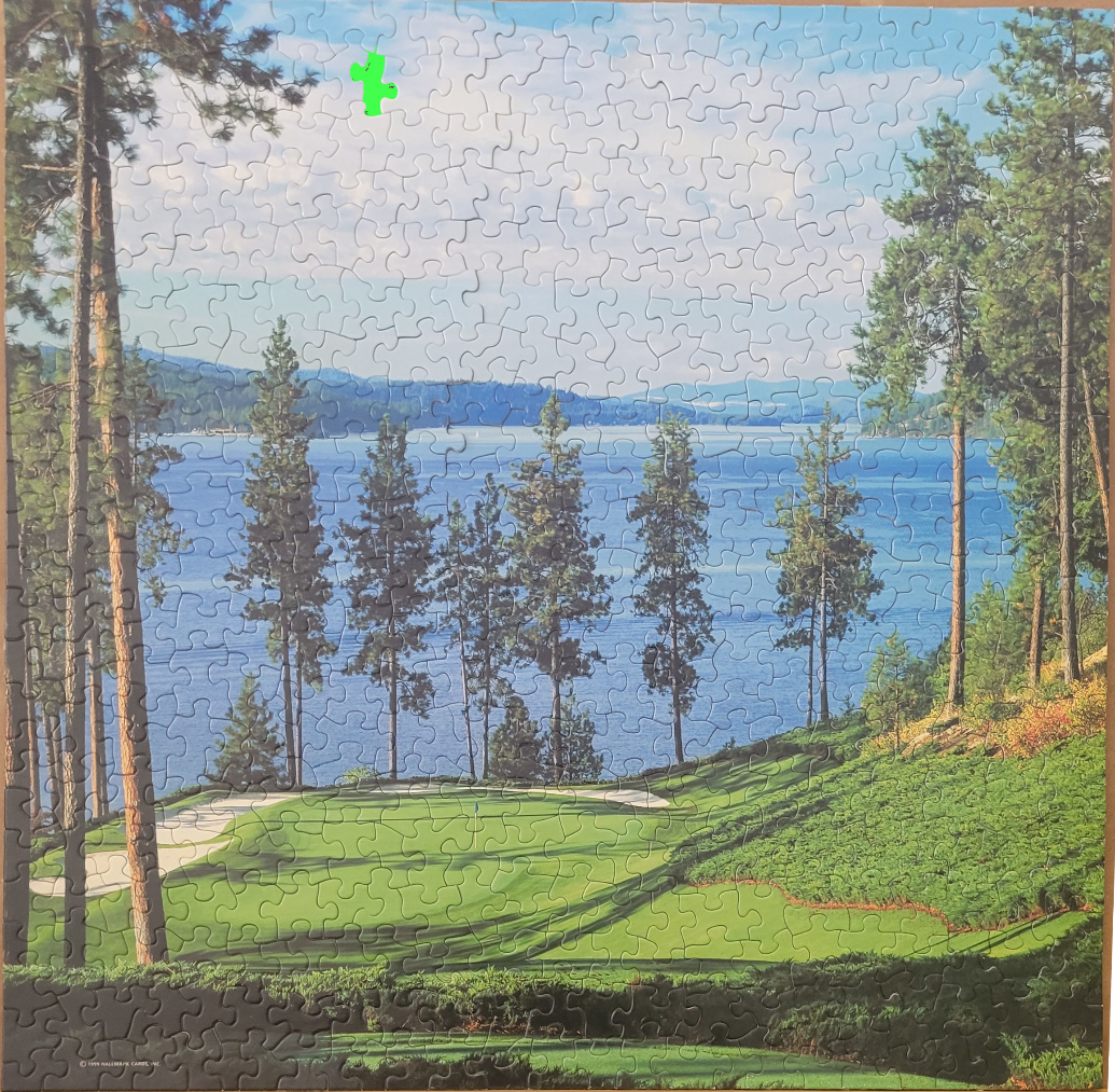 A scenic golf course hole overlooking a large blue lake surrounded by tall pine trees.