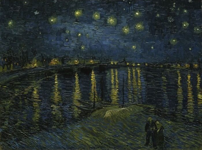 Impressionist oil painting of a couple walking by a river under a starry night sky.