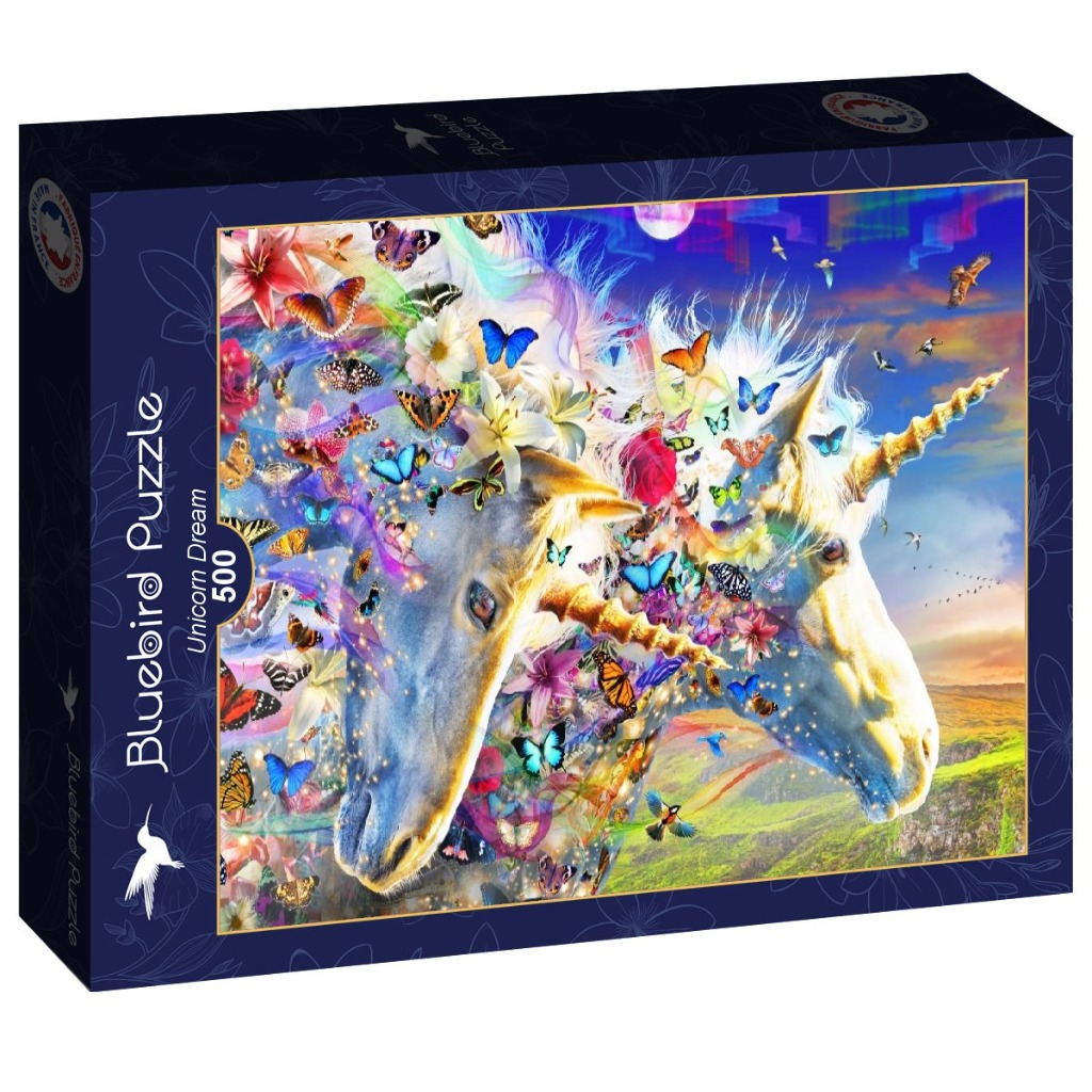 Two ethereal unicorns adorned with colorful butterflies and flowers against a sunset landscape