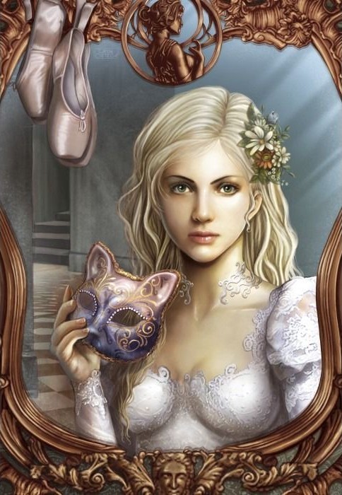 A blonde woman in a white dress holds a purple cat mask, seen within an ornate mirror frame.