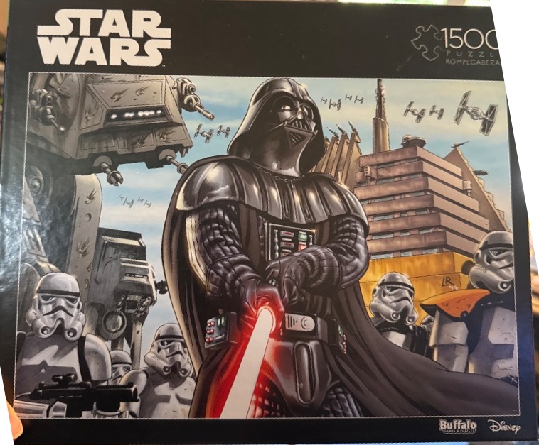 Illustration of Darth Vader with a glowing red lightsaber, surrounded by stormtroopers and Imperial walkers.