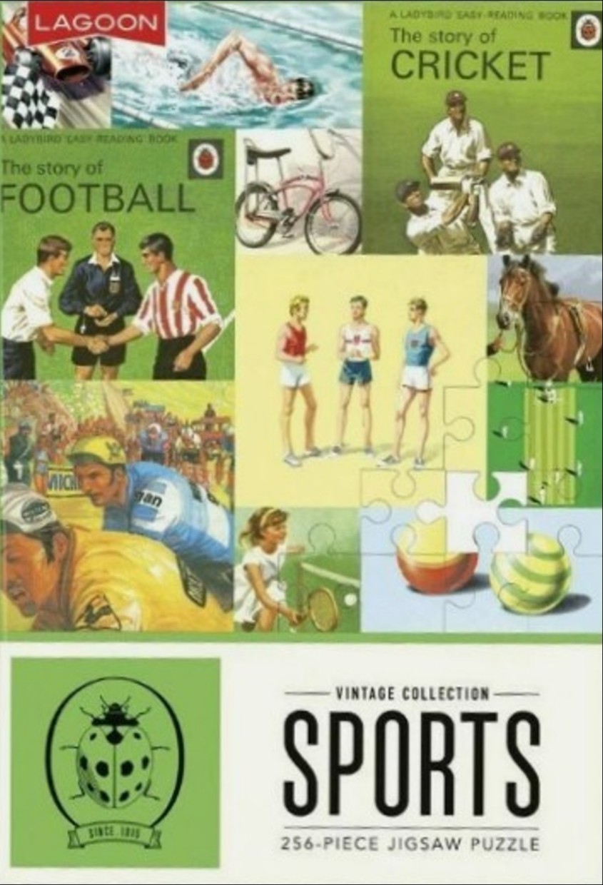 Collage of vintage sports illustrations featuring cricket, football, cycling, swimming, and various athletic activities.