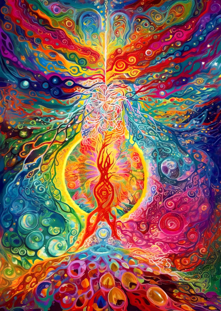 Vibrant, psychedelic abstract illustration featuring swirling colorful patterns and a central glowing core.