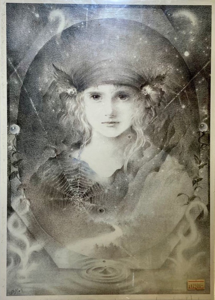A monochromatic charcoal-style illustration of a young girl with ethereal, celestial features surrounded by a spiderweb.