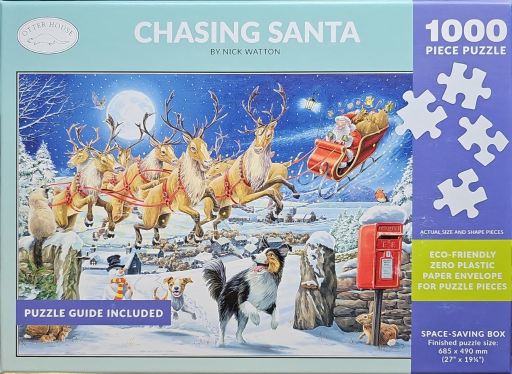 A festive illustration featuring Santa Claus flying in a sleigh over a snowy village, watched by local pets.