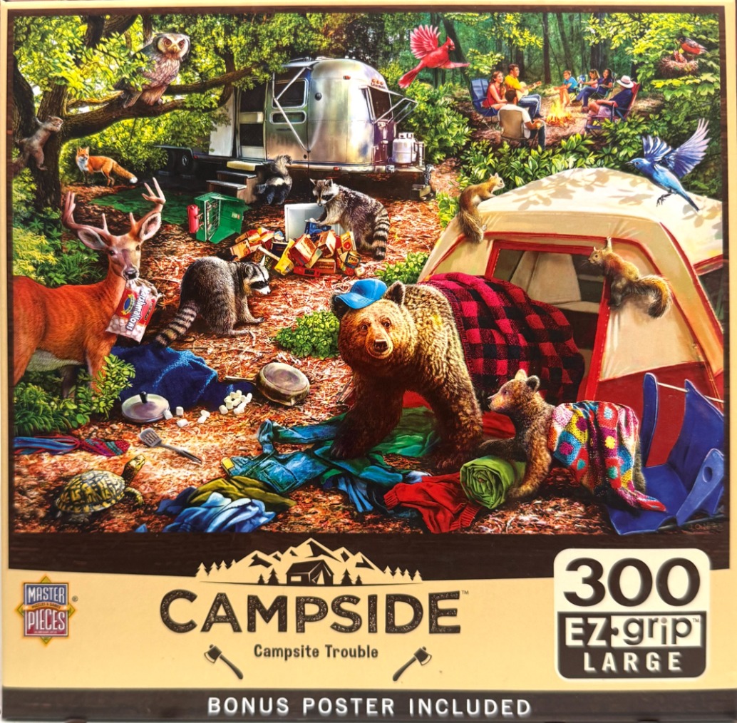 A whimsical illustration of a chaotic woodland campsite filled with wildlife interacting with human gear.