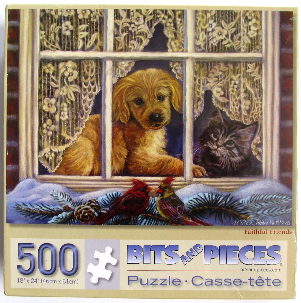 A golden puppy and a gray kitten peering through a window with snowy cardinal birds on the sill below.