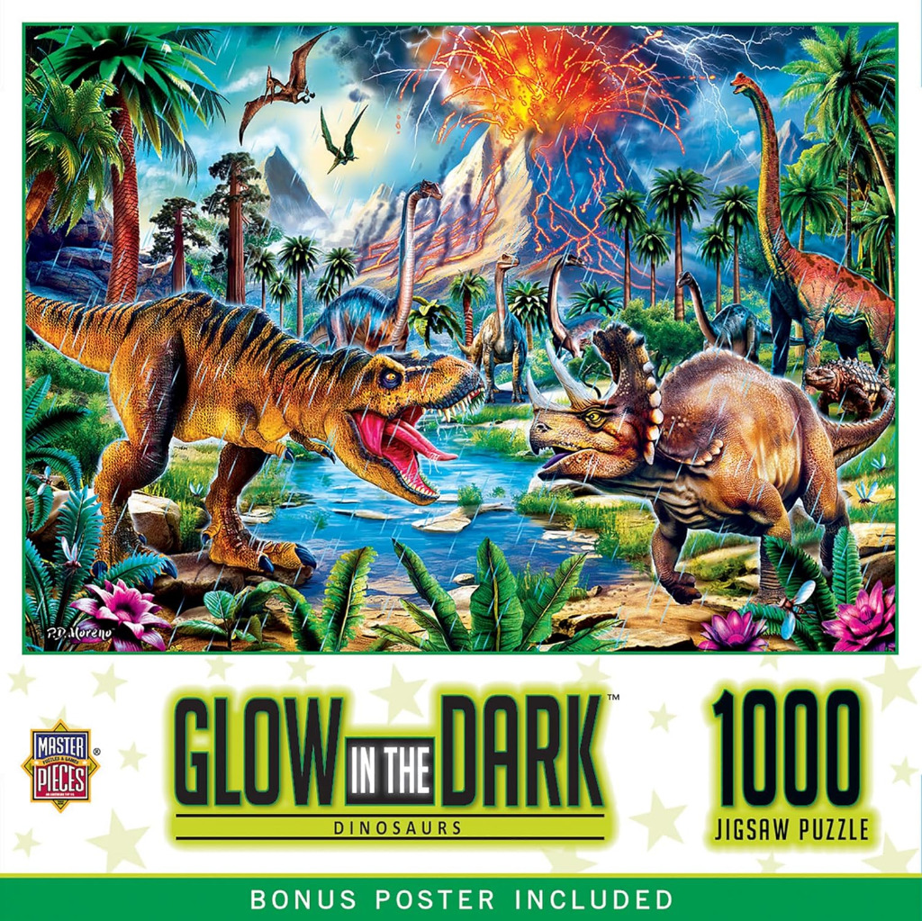 Prehistoric landscape with dinosaurs, a volcanic eruption, and rain in a lush jungle setting.