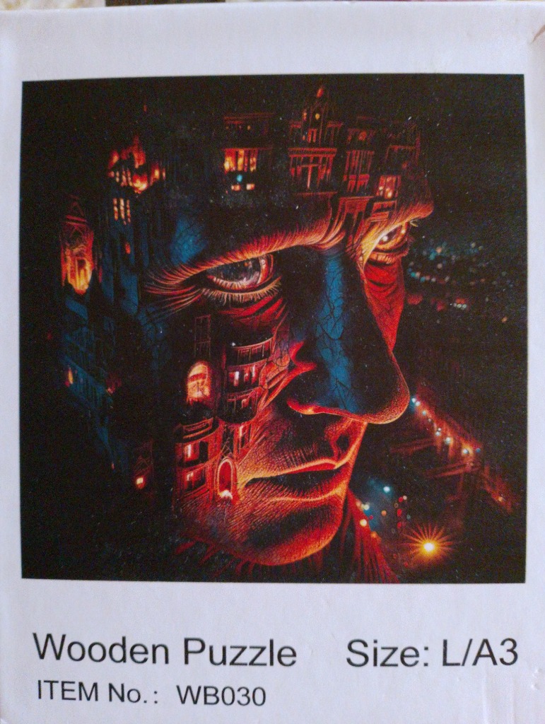 Surreal digital artwork of a human face formed from a city silhouette against a dark, nocturnal background.
