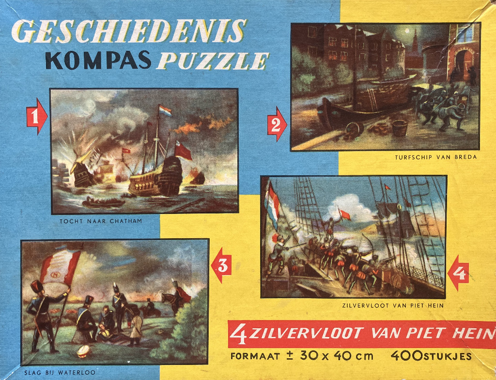 Collage of four historical Dutch maritime and military paintings on a blue and yellow background.