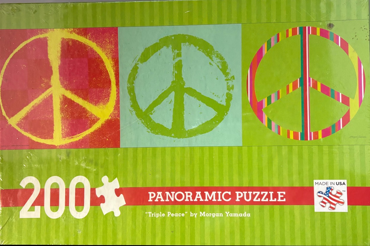 Pop art style illustration of three different peace signs set against a lime green striped background.