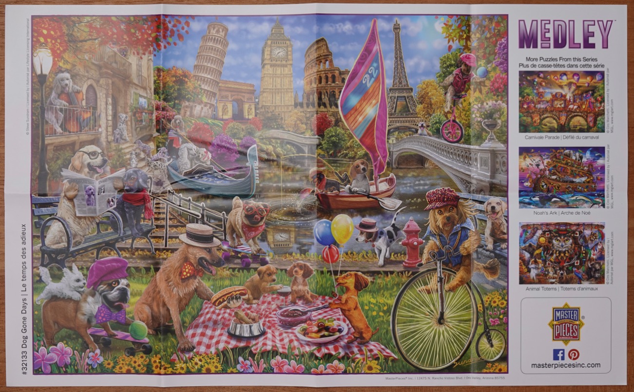A whimsical scene of anthropomorphic dogs enjoying a picnic and sightseeing in a landscape of famous world landmarks.