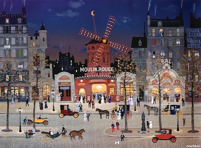 A night scene of the Moulin Rouge with vintage carriages and figures on a cobblestone street.