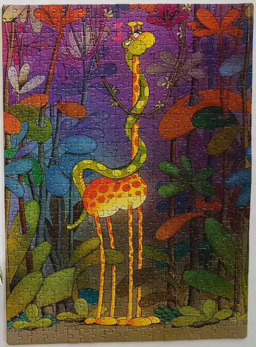 Cartoon illustration of a giraffe with a green snake coiled around its long neck in a colorful jungle forest.