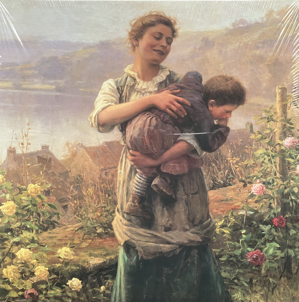 An oil painting of a woman standing in a garden holding a tired toddler in her arms, with a river valley in the background.