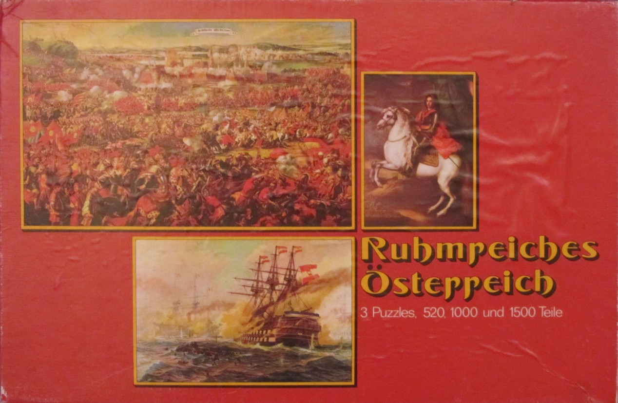 A montage of three historical oil paintings featuring a battle, a royal figure on horseback, and a naval scene.