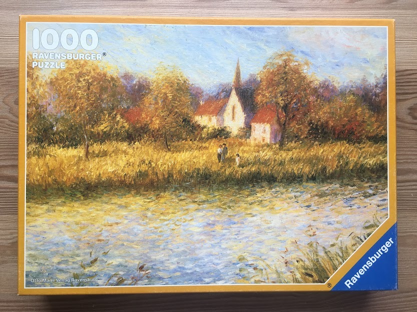 An impressionist painting of a sunlit riverside village with tall grass, trees, a church, and figures.