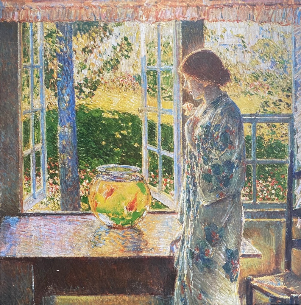 An impressionist painting of a woman standing by an open window next to a goldish bowl on a table.