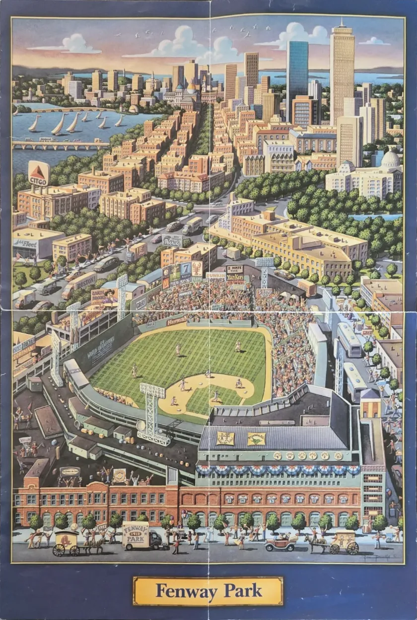 Illustrated aerial view of Fenway Park with the Boston skyline in the background.
