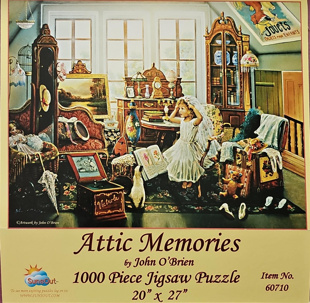 A young girl in a white dress and veil playing in a nostalgic, cluttered attic scene.