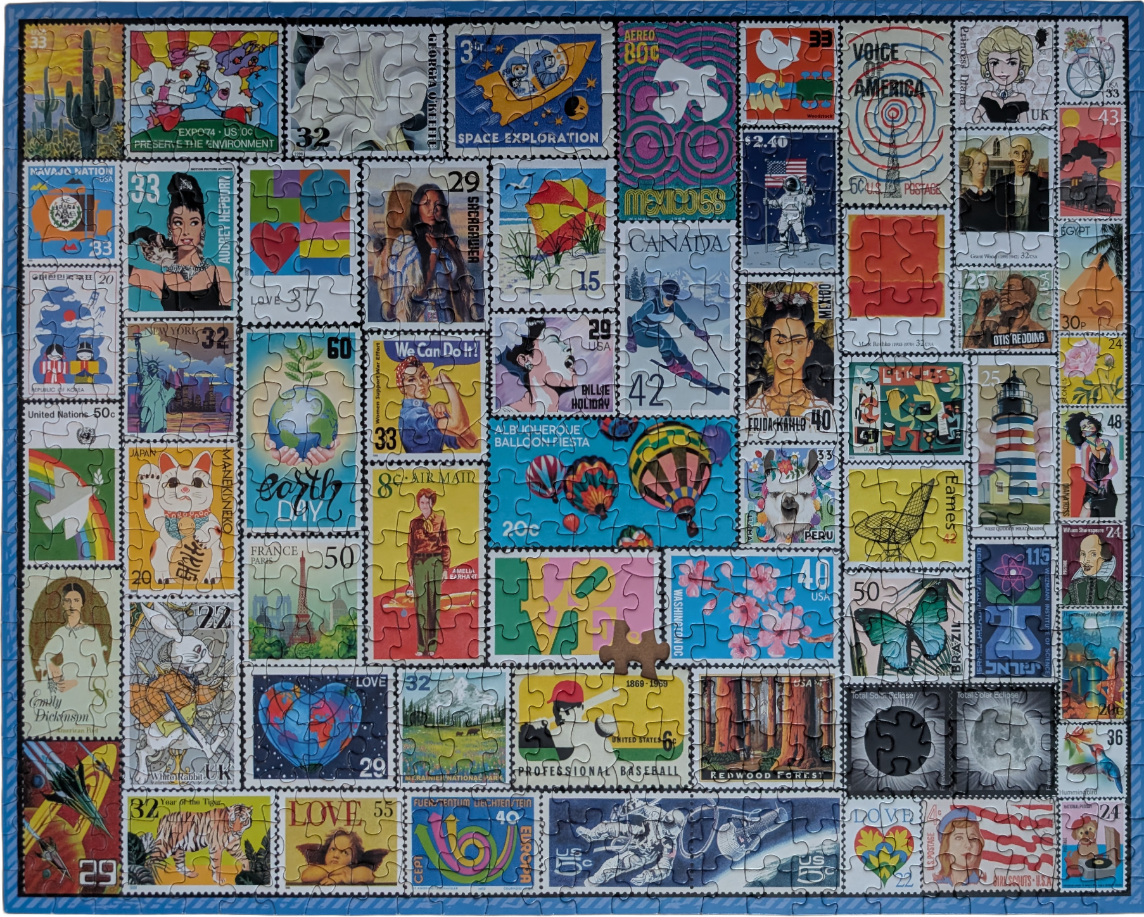 A collage of diverse vintage postage stamps featuring various cultural, historical, and nature-themed imagery.
