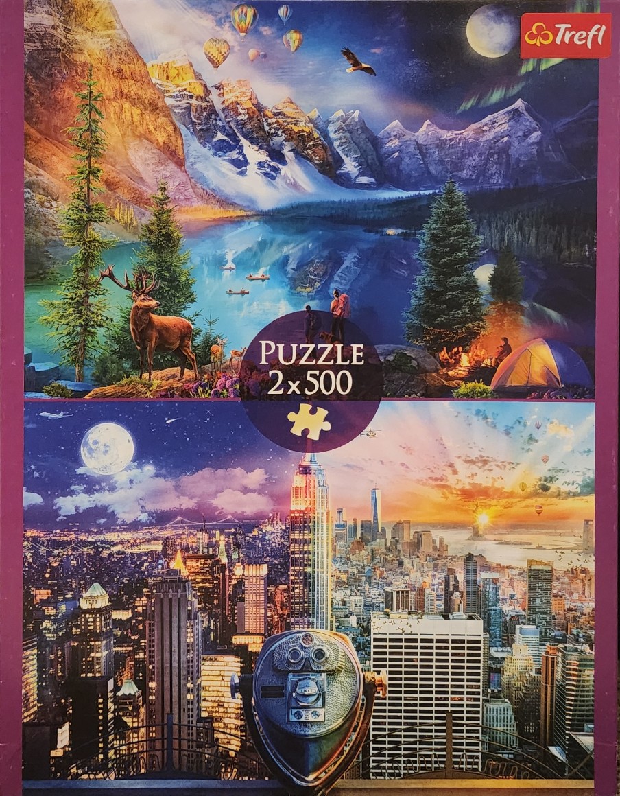 A composite image showing a tranquil mountain landscape above a bustling city skyline at sunset.