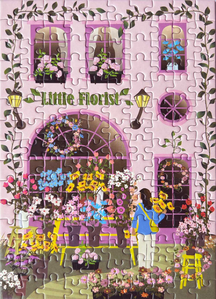 A charming illustration of a flower shop storefront in soft pastel colors with a woman holding a bouquet.